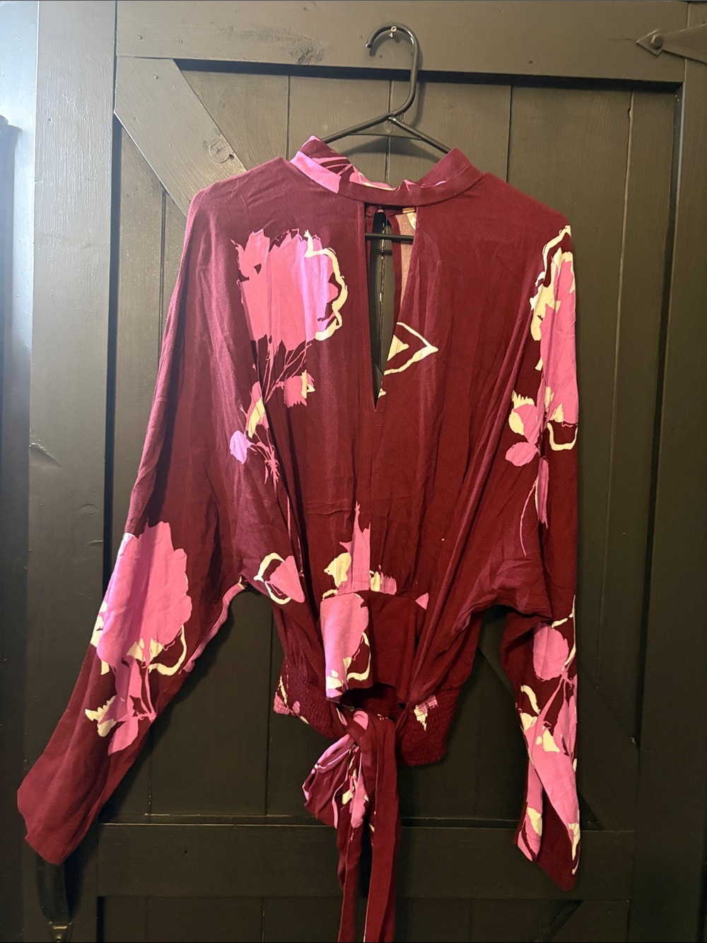 Free People Burgundy Blouse with Pink Floral Print